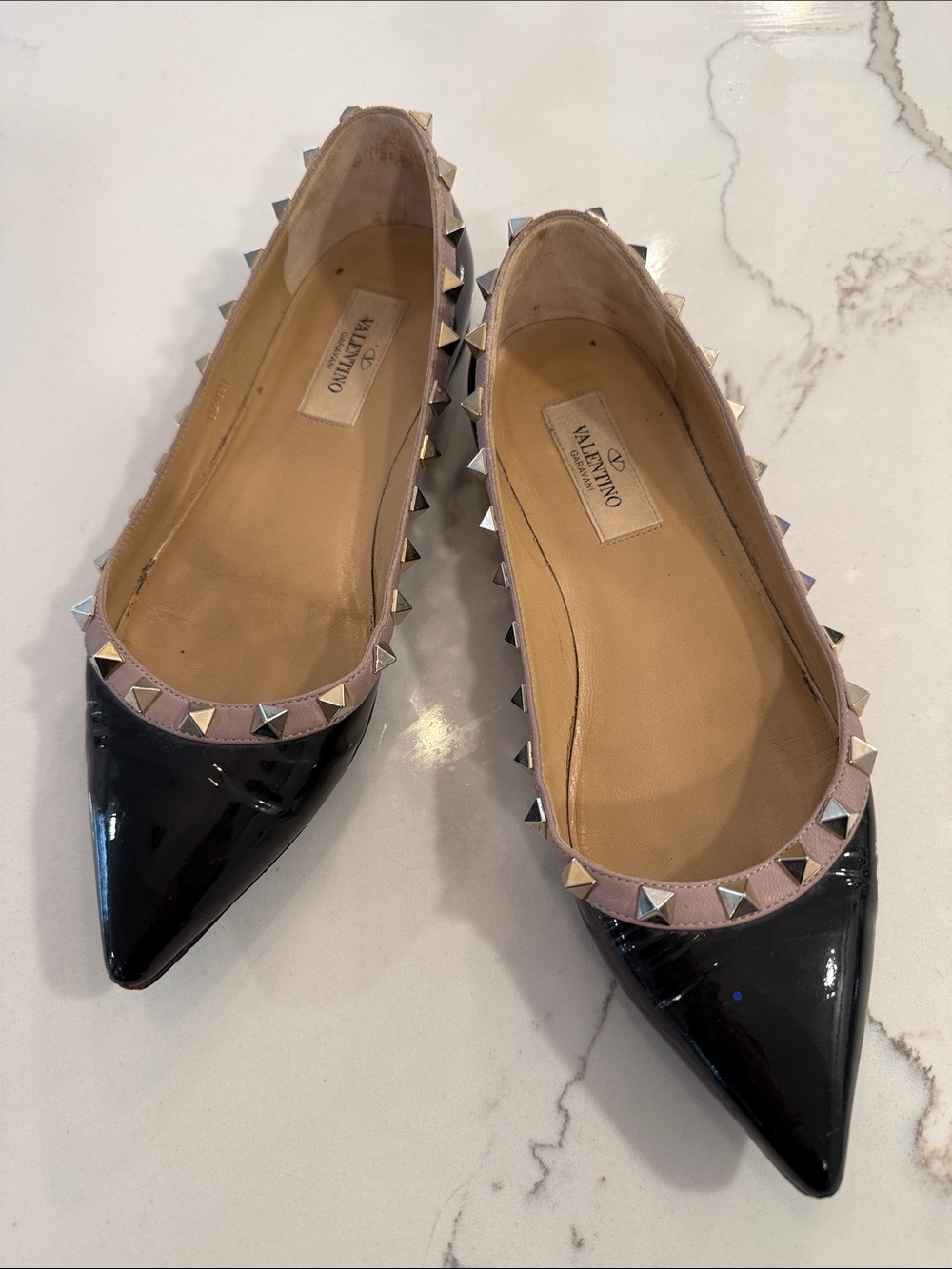 Valentino Black Patent Pointed Rockstud Trim Flats